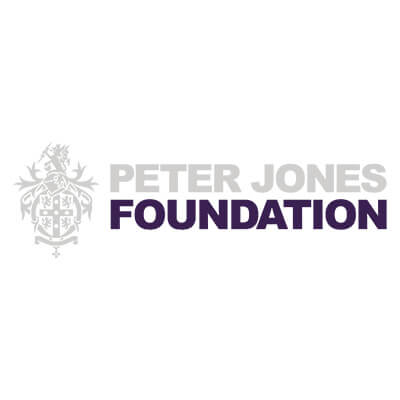 Peter Jones Foundation logo written in platinum and purple writing