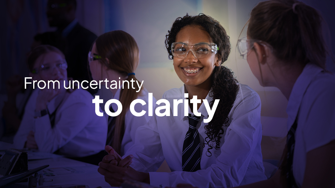 Image of students with text From uncertainty to clarity