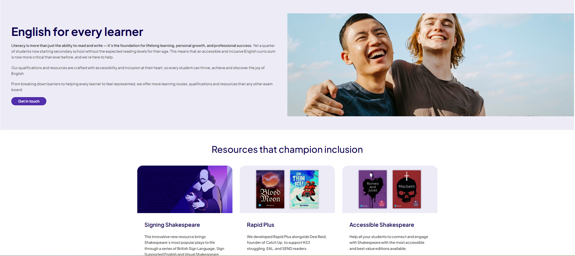 Snip of the Pearson website illustrating resources for different kinds of English learners.