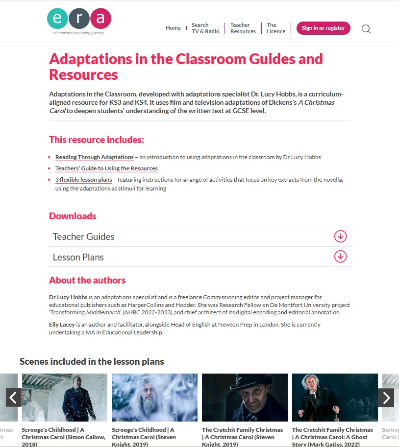 Capture from the ERA website showing resources for 'A Christmas Carol'