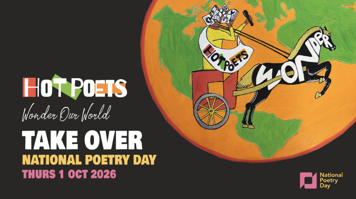 Decorative poster of a stylised person riding a chariot in front of planet Earth