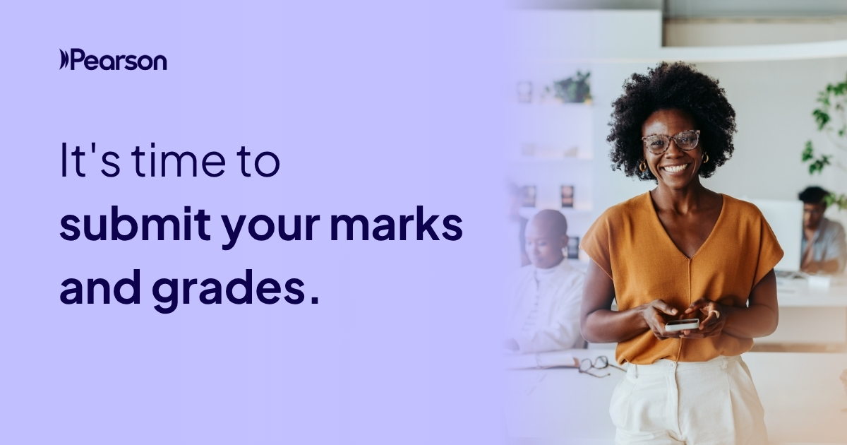 Reminder to submit marks and grades with an image of a woman (decorative).