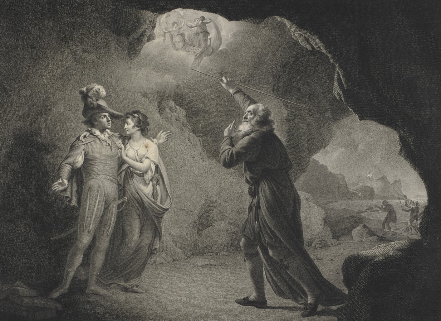 Black and white print depicting The Tempest, Act 4, Scene 1. Prospero's cell with Ferdinand, Miranda and Prospero. 