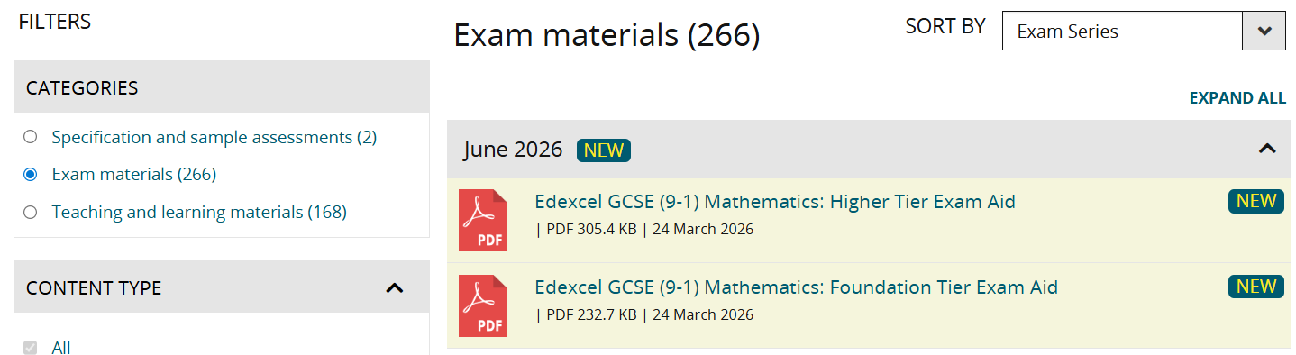 Image of qualification page showing location of Exam Aid documents