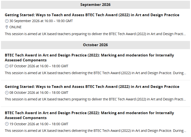 BTEC Tech Award Art and Design Practice training 