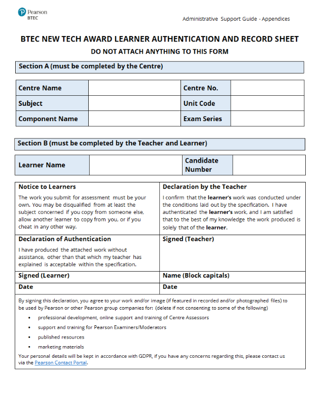 Learner Authentication and Record Sheet