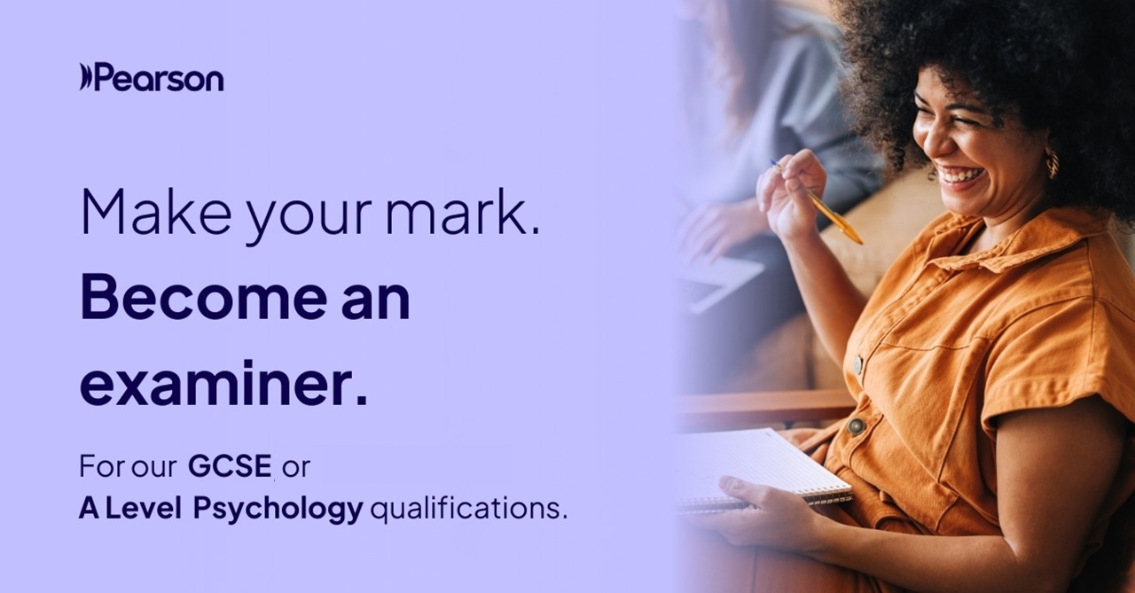 Make your mark. Become an examiner. Image of happy teacher enjoying marking.