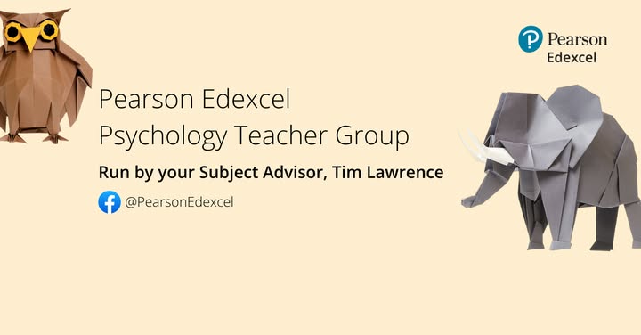 Pearson Edexcel Psychology Teacher Group banner with origami owl and elephant