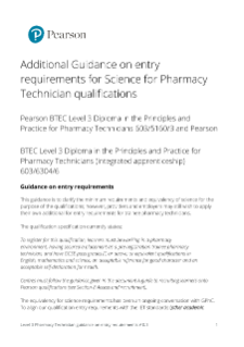 Additional Guidance on entry requirements for Science for Pharmacy Technician qualifications