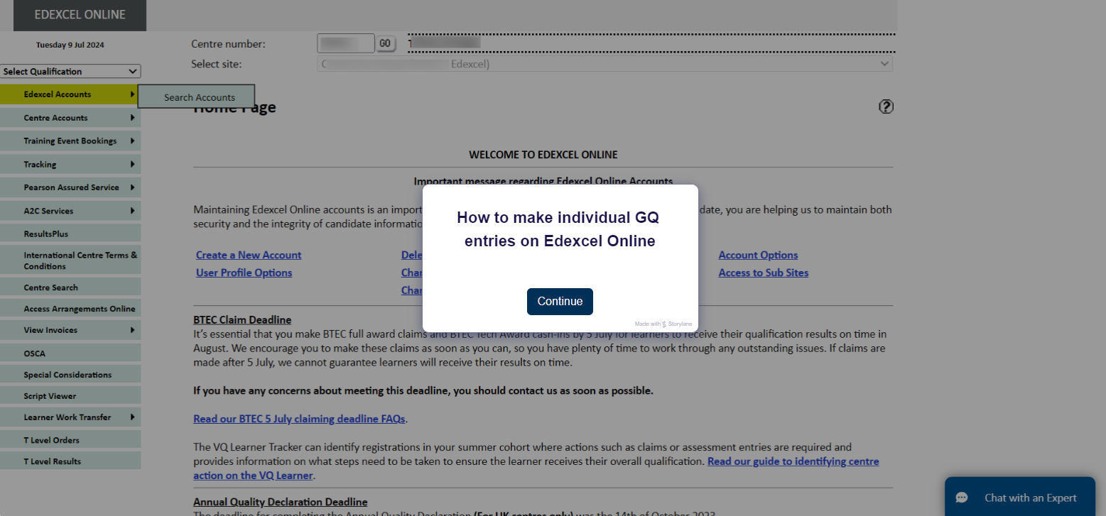 Interactive tutorial: making individual GQ entries on Edexcel Online