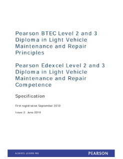BTEC Level 2 Diploma in Light Vehicle Maintenance and Repair Principles specification